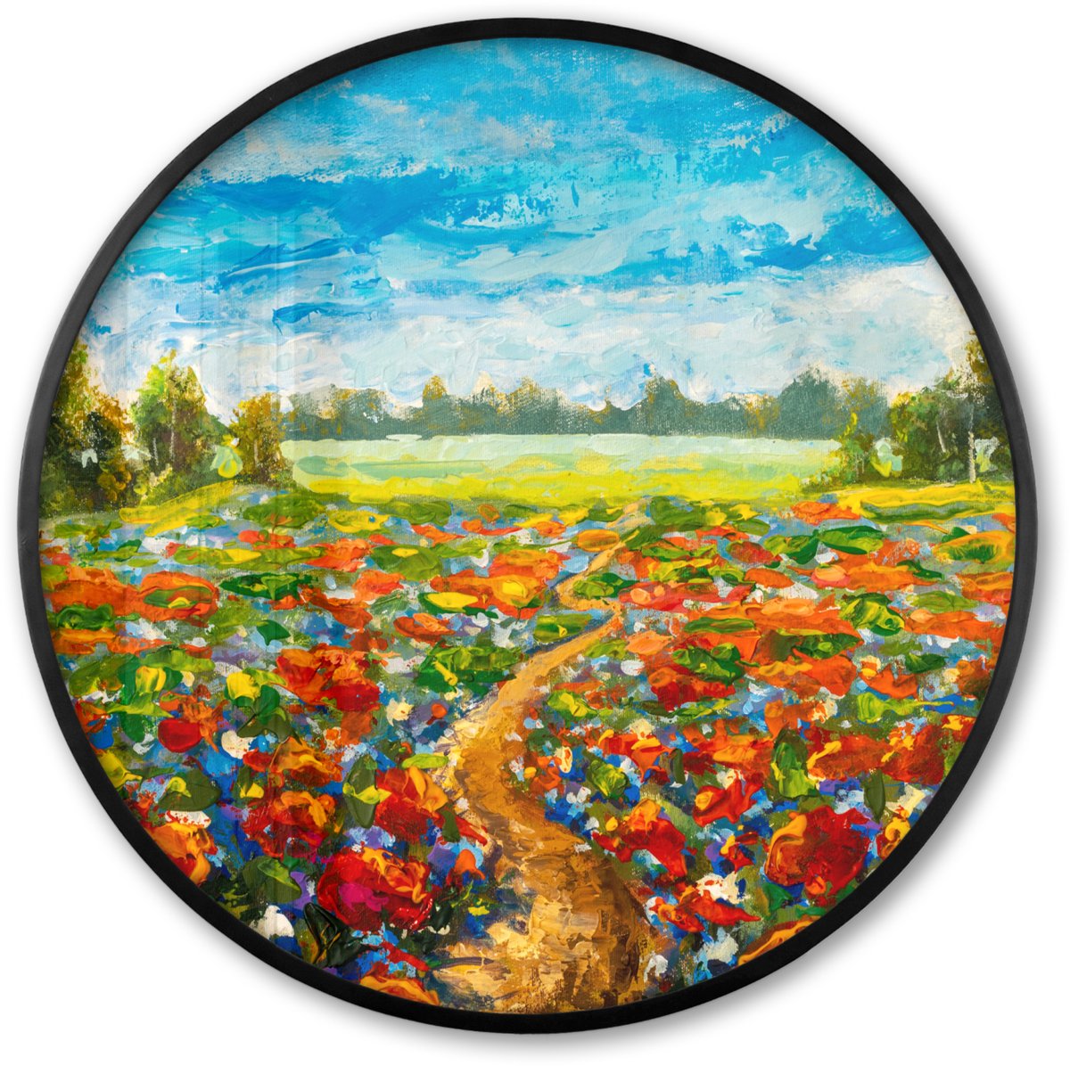 FrameYourWall Poster in lijst Rond - Fotolijst 80x80 cm - Posters - Schilderij - Olieverf - Bloemen - Natuur - Ronde posterlijst zwart - Decoratie - Wanddecoratie woonkamer - Muurdecoratie slaapkamer Multicolor