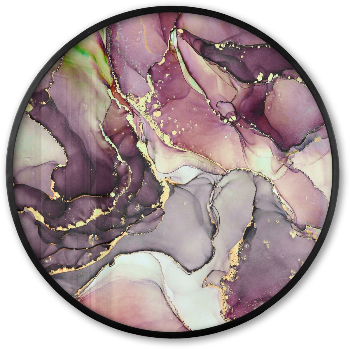 FrameYourWall Poster in lijst Rond - Fotolijst 80x80 cm - Posters - Marmer - Rood - Paars - Goud - Ronde posterlijst zwart - Decoratie - Wanddecoratie woonkamer - Muurdecoratie slaapkamer Multicolor