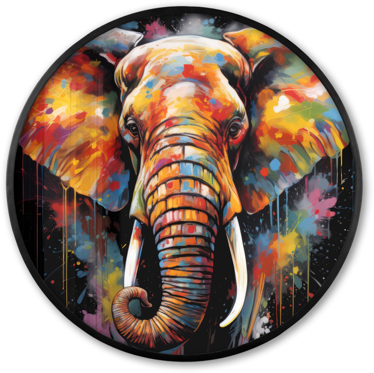 FrameYourWall Poster in lijst Rond - Fotolijst 80x80 cm - Posters - Olifant - Graffiti - Zwart - Dieren - Kleuren - Ronde posterlijst zwart - Decoratie - Wanddecoratie woonkamer - Muurdecoratie slaapkamer Multi