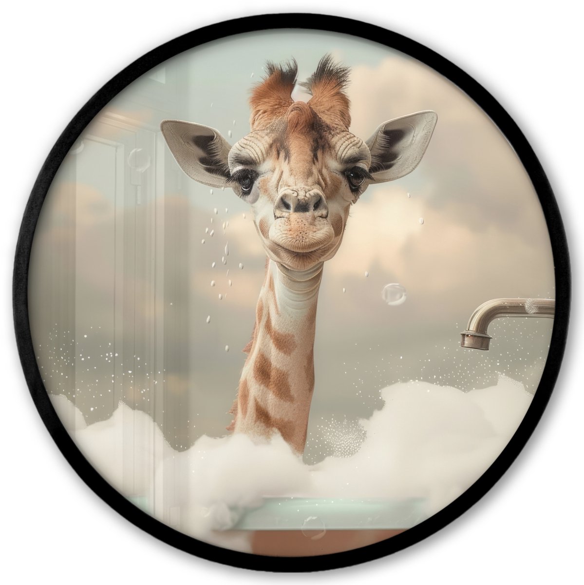 FrameYourWall Poster in lijst Rond - Fotolijst 40x40 cm - Posters - Giraffe - Wilde dieren - Bad - Schuim - Ronde posterlijst zwart - Decoratie - Wanddecoratie woonkamer - Muurdecoratie slaapkamer Giraf - Bad