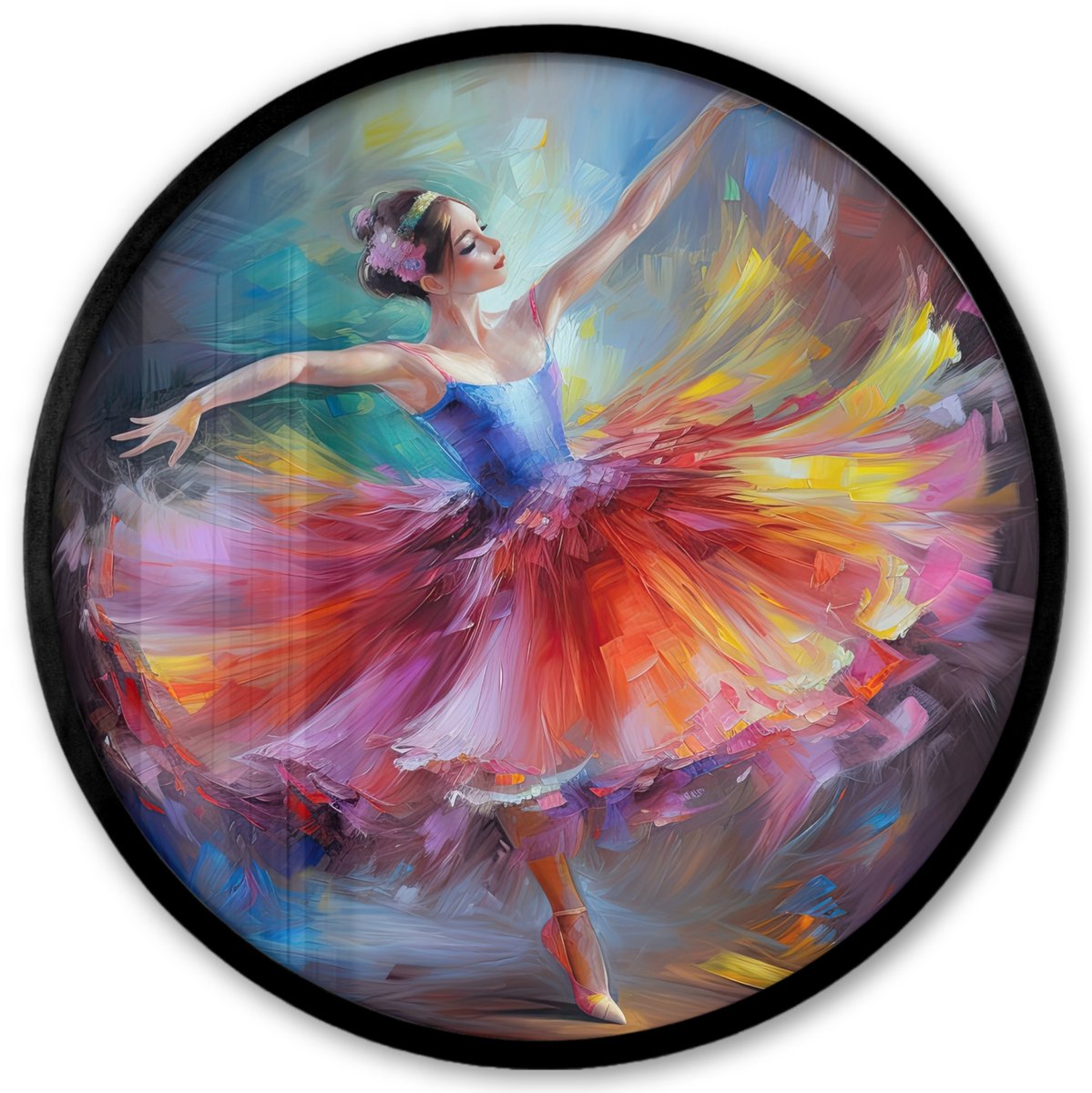 FrameYourWall Poster in lijst Rond - Fotolijst 40x40 cm - Posters - Schilderij - Olieverf - Dans - Ballerina - Ronde posterlijst zwart - Decoratie - Wanddecoratie woonkamer - Muurdecoratie slaapkamer Balerina - Kleuren