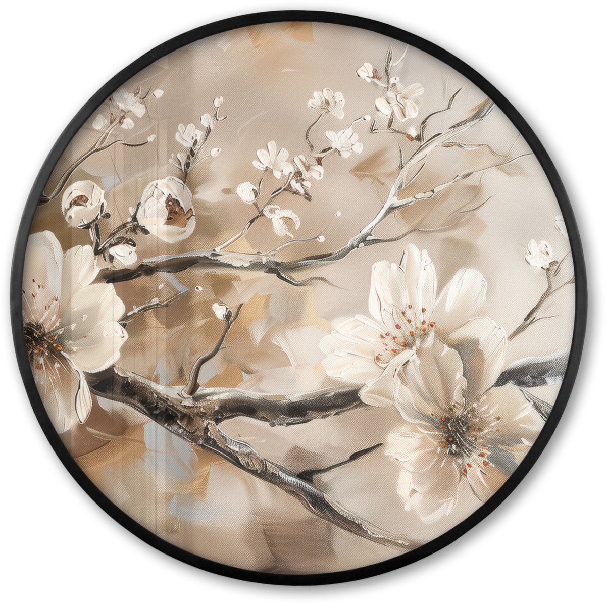 FrameYourWall Poster in lijst Rond - Fotolijst 80x80 cm - Posters - Bloemen - Natuur - Wit - Bloesem - Abstract - Ronde posterlijst zwart - Decoratie - Wanddecoratie woonkamer - Muurdecoratie slaapkamer