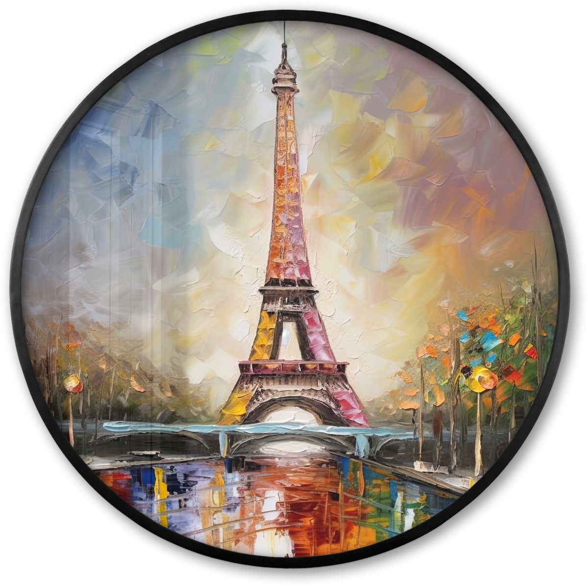 FrameYourWall Poster in lijst Rond - Fotolijst 80x80 cm - Posters - Eiffeltoren - Schilderij - Olieverf - Parijs - Ronde posterlijst zwart - Decoratie - Wanddecoratie woonkamer - Muurdecoratie slaapkamer Oil painting - Parijs