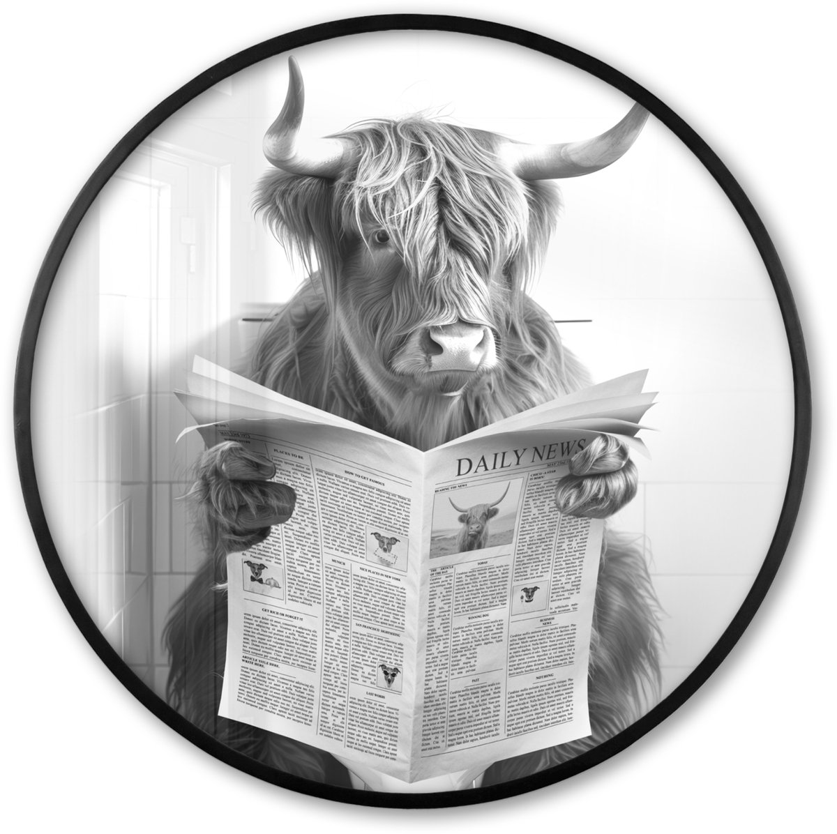 FrameYourWall Poster in lijst Rond - Fotolijst 60x60 cm - Posters - Schotse Hooglander - Dier - Krant - WC - Ronde posterlijst zwart - Decoratie - Wanddecoratie woonkamer - Muurdecoratie slaapkamer Schotse hooglander - Krant