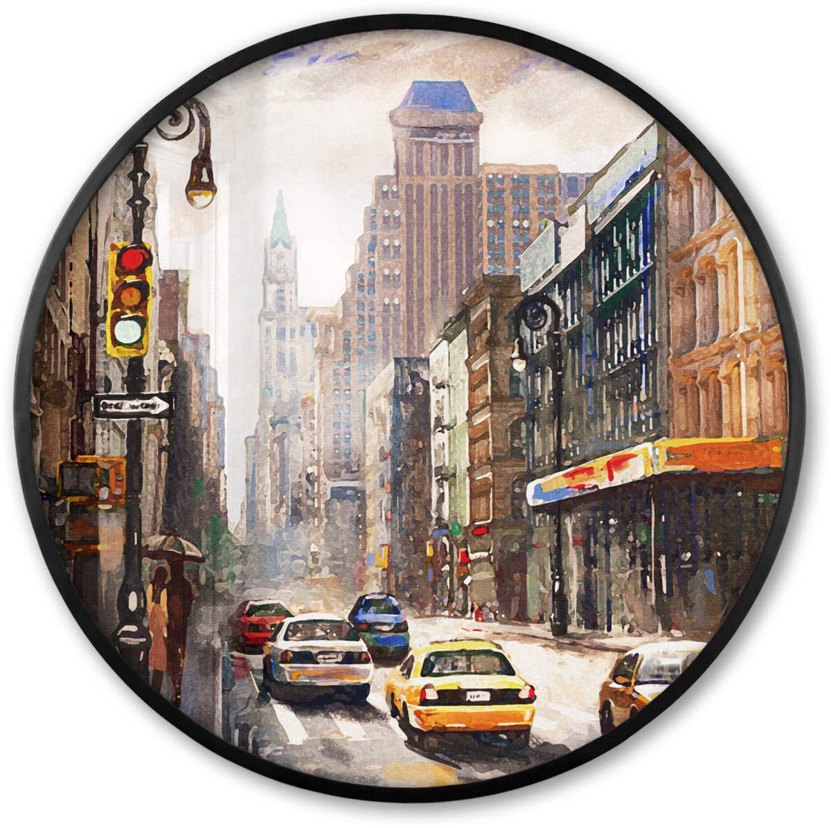 FrameYourWall Poster in lijst Rond - Fotolijst 80x80 cm - Posters - Schilderij - Stad - Auto - Olieverf - Ronde posterlijst zwart - Decoratie - Wanddecoratie woonkamer - Muurdecoratie slaapkamer Verf - New York