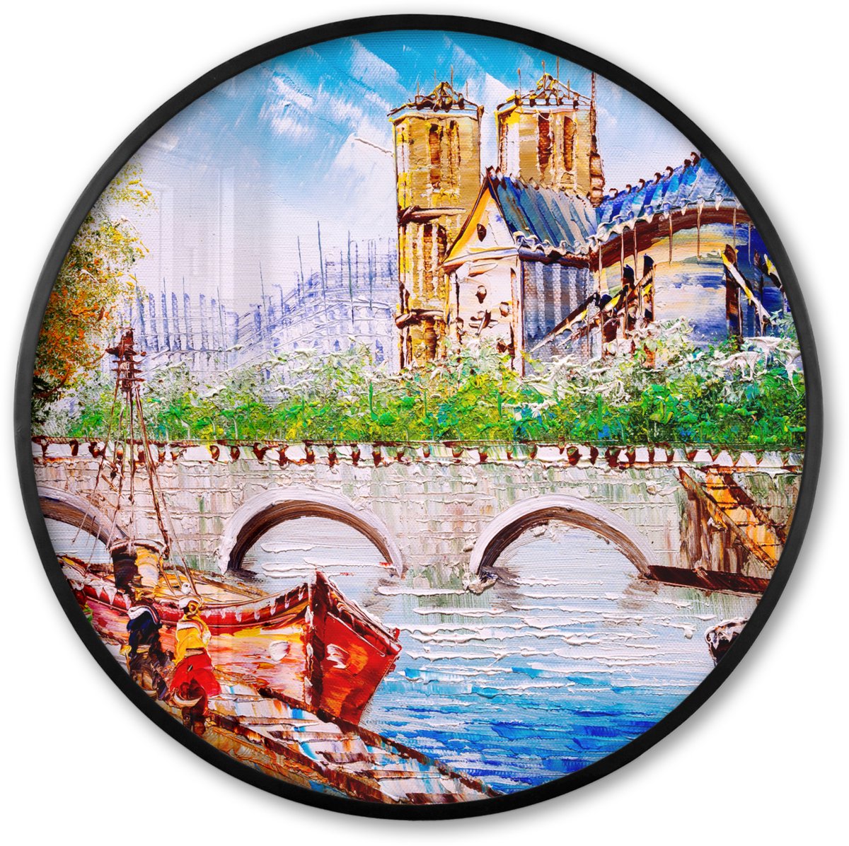 FrameYourWall Poster in lijst Rond - Fotolijst 80x80 cm - Posters - Schilderij - Parijs - Boot - Brug - Ronde posterlijst zwart - Decoratie - Wanddecoratie woonkamer - Muurdecoratie slaapkamer Multicolor