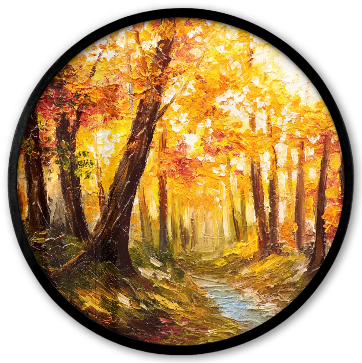 FrameYourWall Poster in lijst Rond - Fotolijst 40x40 cm - Posters - Schilderij - Herfst - Bos - Olieverf - Ronde posterlijst zwart - Decoratie - Wanddecoratie woonkamer - Muurdecoratie slaapkamer Multicolor