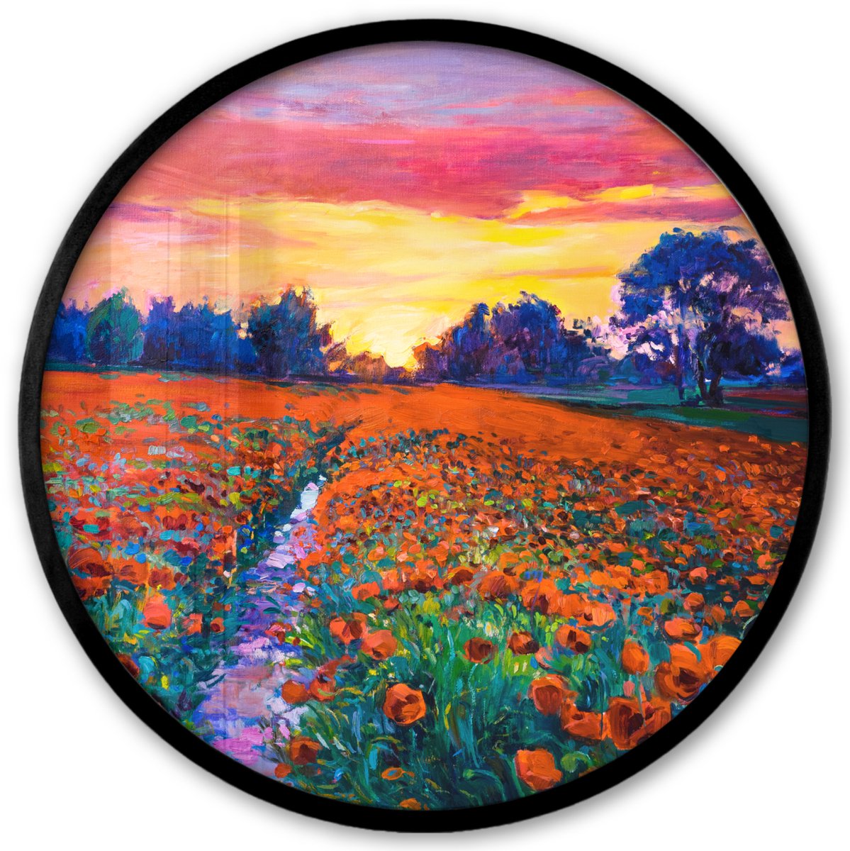 FrameYourWall Poster in lijst Rond - Fotolijst 40x40 cm - Posters - Schilderij - Natuur - Bloemen - Olieverf - Ronde posterlijst zwart - Decoratie - Wanddecoratie woonkamer - Muurdecoratie slaapkamer Multicolor