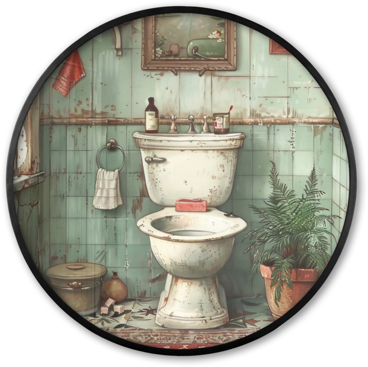 FrameYourWall Poster in lijst Rond - Fotolijst 60x60 cm - Posters - Vintage - Toilet - Illustratie - Ronde posterlijst zwart - Decoratie - Wanddecoratie woonkamer - Muurdecoratie slaapkamer Vintage - WC
