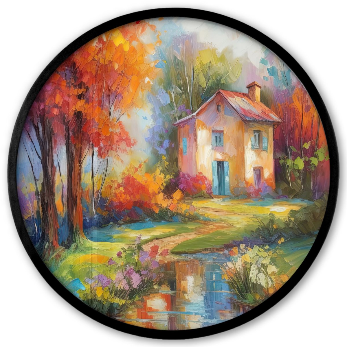 FrameYourWall Poster in lijst Rond - Fotolijst 40x40 cm - Posters - Landschap - Kleurrijk - Olieverf - Kunst - Ronde posterlijst zwart - Decoratie - Wanddecoratie woonkamer - Muurdecoratie slaapkamer Olieverf - Huis