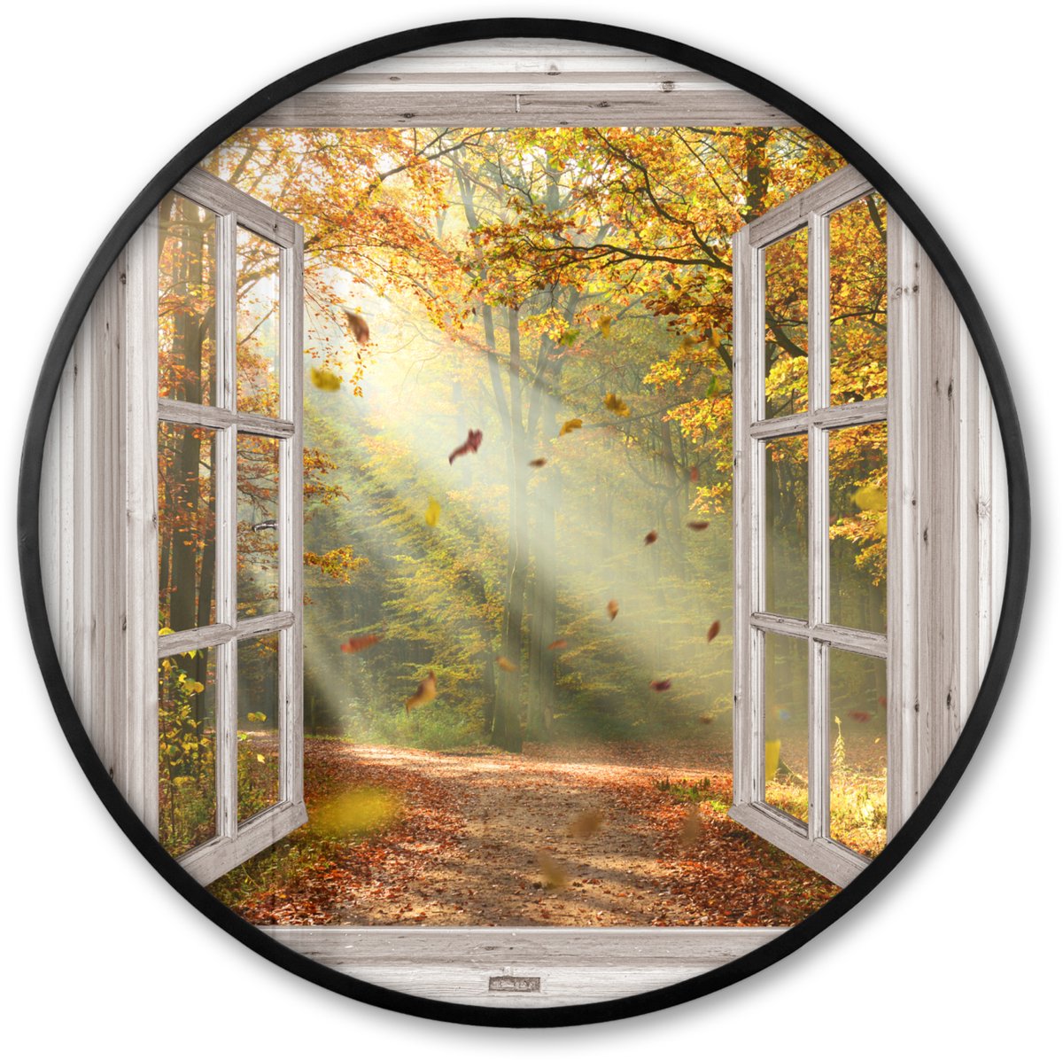 FrameYourWall Poster in lijst Rond - Fotolijst 80x80 cm - Posters - Bos - Bomen - Herfst - Zon - Herfstbladeren - Natuur - Doorkijk - Ronde posterlijst zwart - Decoratie - Wanddecoratie woonkamer - Muurdecoratie slaapkamer