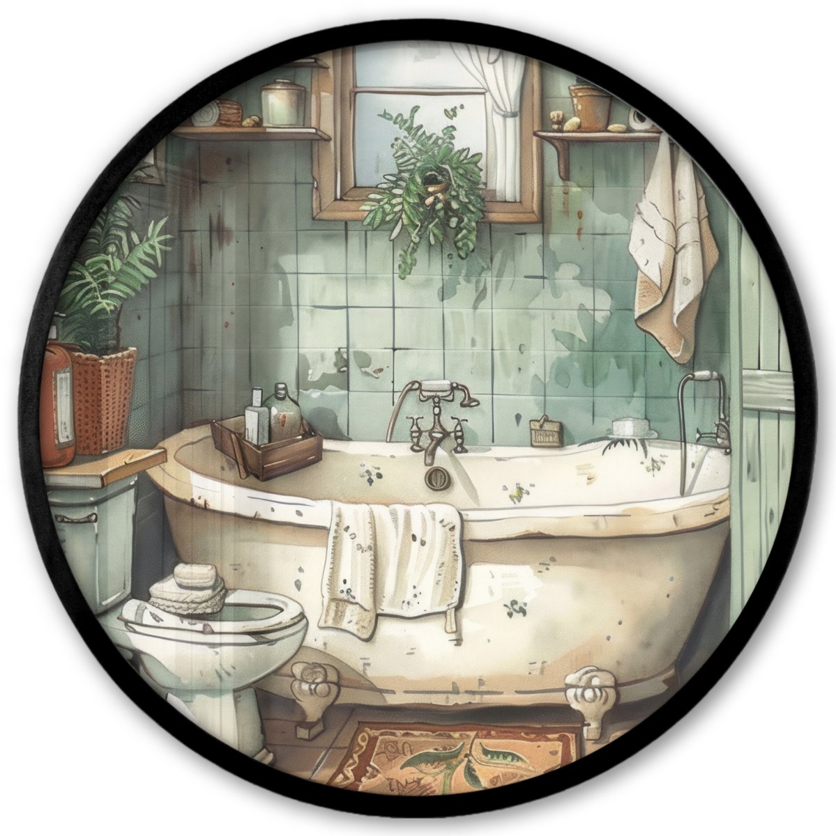 FrameYourWall Poster in lijst Rond - Fotolijst 40x40 cm - Posters - Vintage - Badkuip - Badkamer - Illustratie - Ronde posterlijst zwart - Decoratie - Wanddecoratie woonkamer - Muurdecoratie slaapkamer Vintage - Badkamer