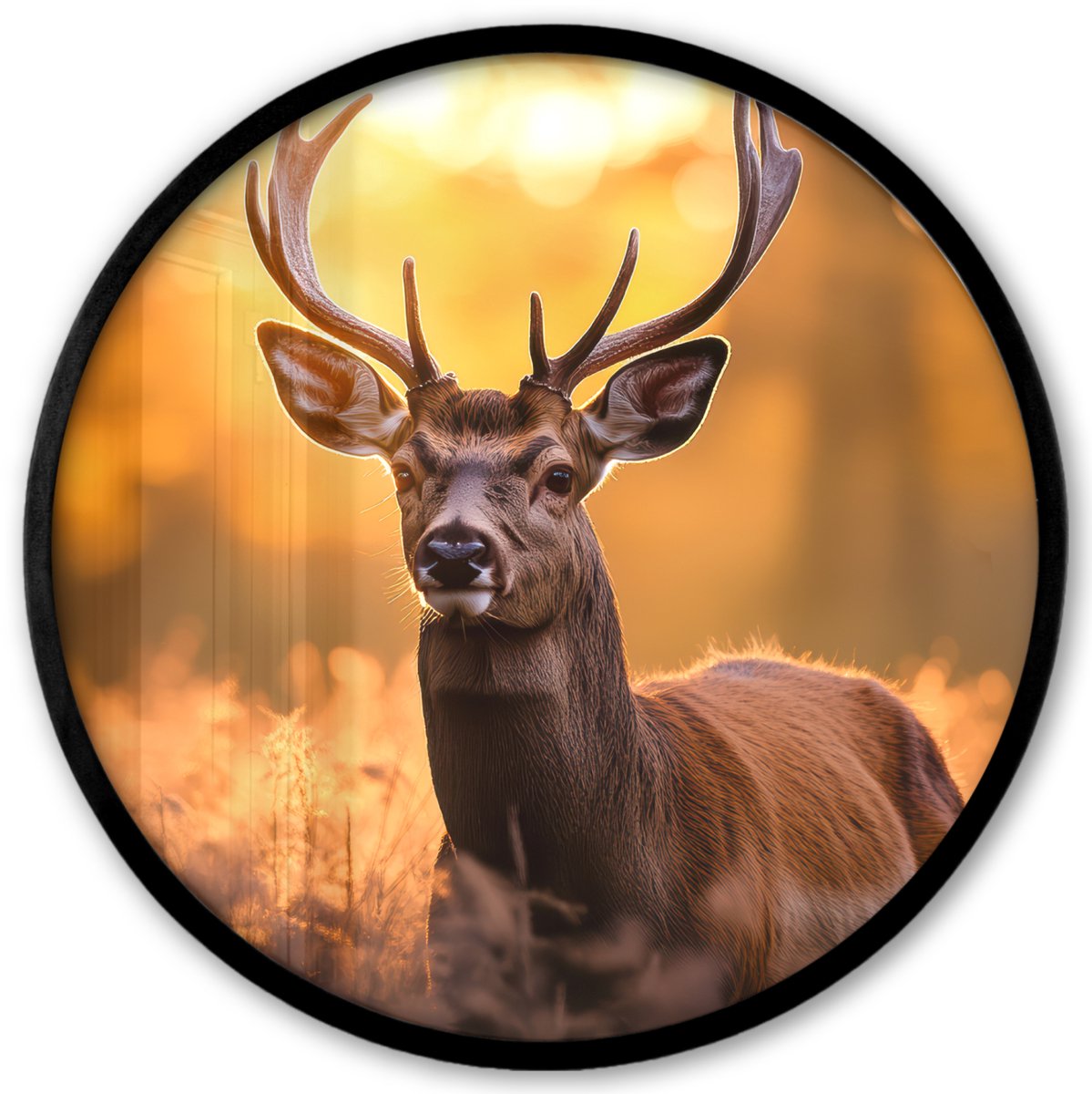 FrameYourWall Poster in lijst Rond - Fotolijst 40x40 cm - Posters - Hert - Gewei - Herfst - Bos - Bruin - Natuur - Bosdieren - Ronde posterlijst zwart - Decoratie - Wanddecoratie woonkamer - Muurdecoratie slaapkamer