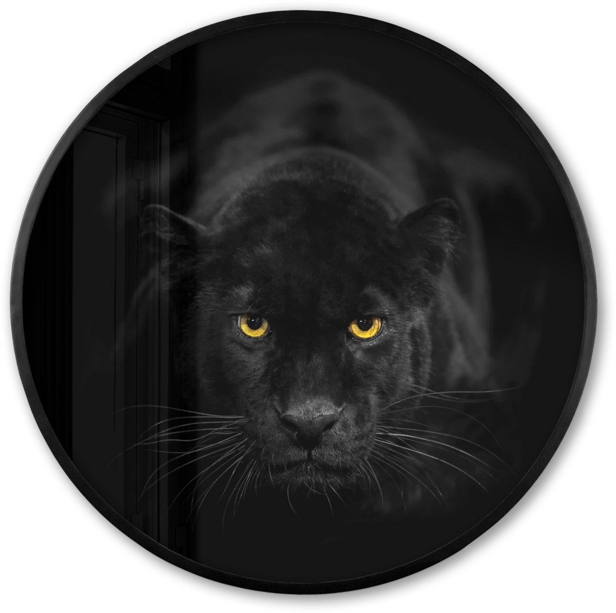 FrameYourWall Poster in lijst Rond - Fotolijst 60x60 cm - Posters - Panter - Dieren - Zwart - Ogen - Ronde posterlijst zwart - Decoratie - Wanddecoratie woonkamer - Muurdecoratie slaapkamer Panter - Zwart wit