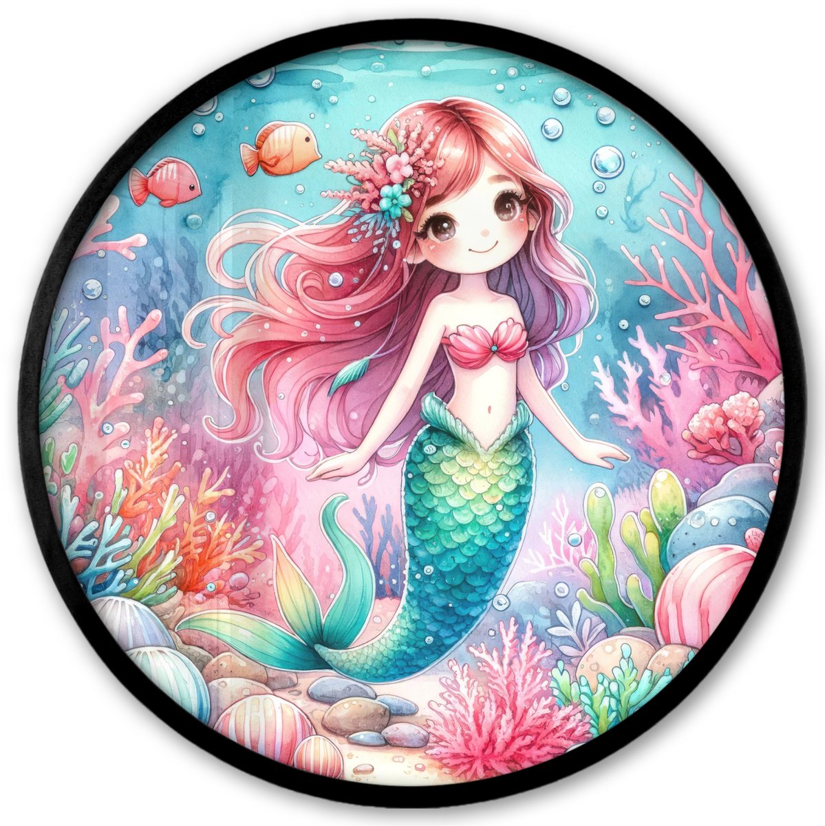 FrameYourWall Poster in lijst Rond - Fotolijst 40x40 cm - Posters - Zeemeermin - Kleurrijk - Onderwater - Zeedieren - Vissen - Ronde posterlijst zwart - Decoratie - Wanddecoratie woonkamer - Muurdecoratie slaapkamer