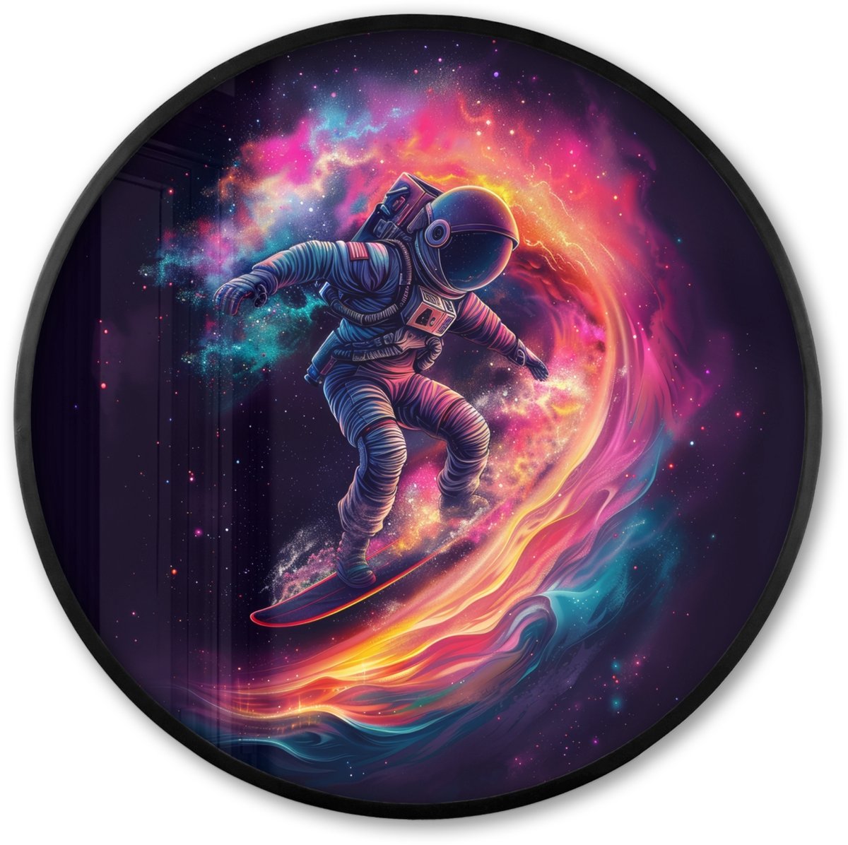 FrameYourWall Poster in lijst Rond - Fotolijst 60x60 cm - Posters - Astronaut - Ruimte - Surfen - Kleurrijk - Ronde posterlijst zwart - Decoratie - Wanddecoratie woonkamer - Muurdecoratie slaapkamer Astronaut - Surfen