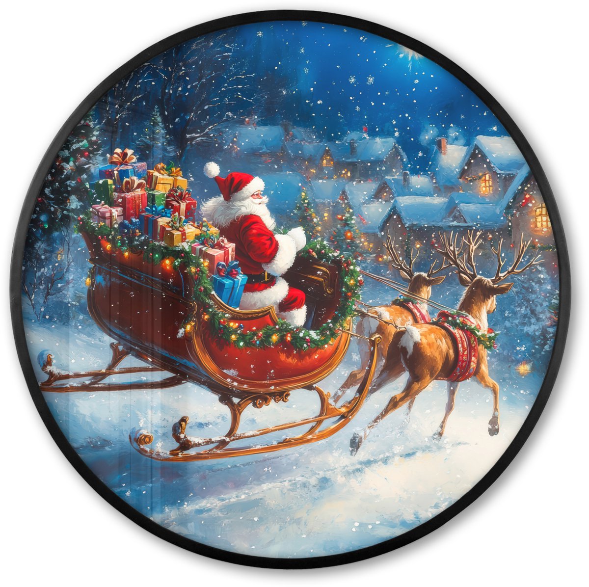 FrameYourWall Poster in lijst Rond - Fotolijst 60x60 cm - Posters - Kerstman - Rendier - Kerst - Sneeuw - Ronde posterlijst zwart - Decoratie - Wanddecoratie woonkamer - Kerstdecoratie voor binnen - Kerstversiering - Kerstmis versiering in huis - Kerstaccessoires Kerstman - Rendier - Cadeaus