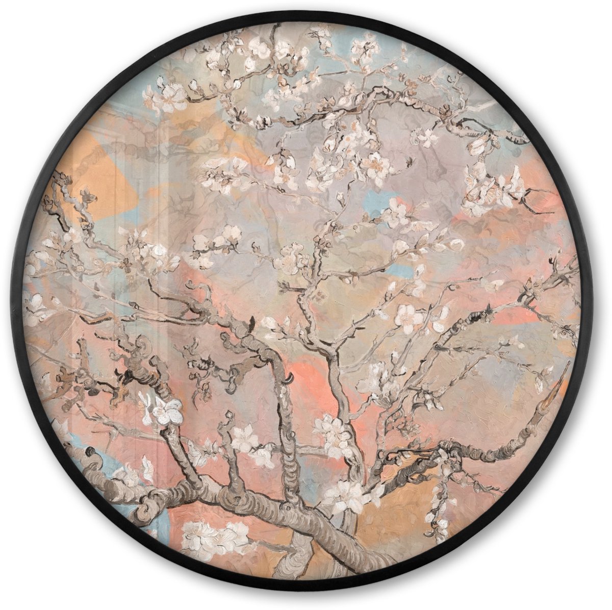 FrameYourWall Poster in lijst Rond - Fotolijst 60x60 cm - Posters - Amandelbloesem - Kunst - Van Gogh - Pastel - Ronde posterlijst zwart - Decoratie - Wanddecoratie woonkamer - Muurdecoratie slaapkamer Abstract - Amandelbloesem