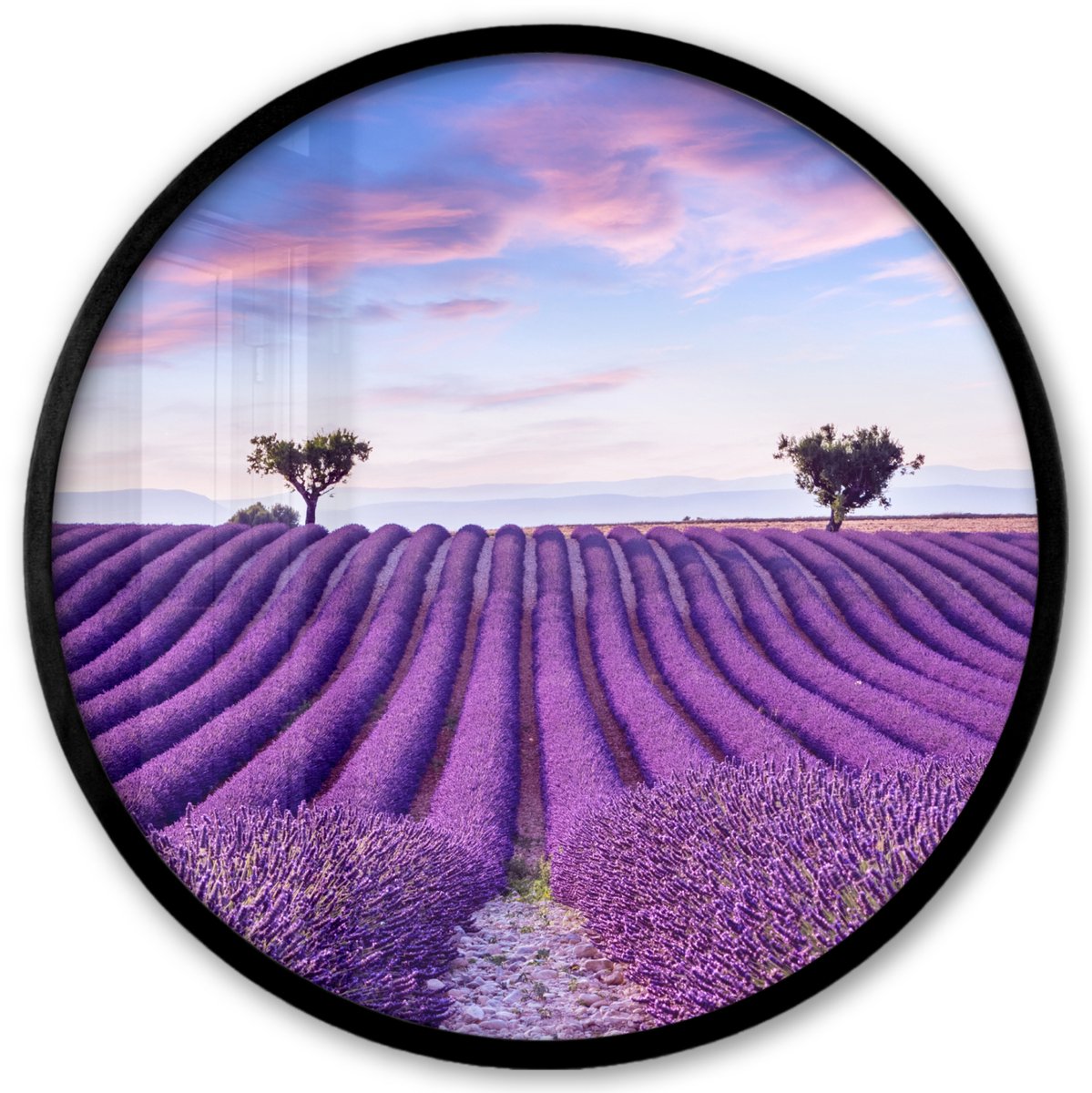 FrameYourWall Poster in lijst Rond - Fotolijst 40x40 cm - Posters - Lavendel - Natuur - Paars - Bomen - Bloemen - Ronde posterlijst zwart - Decoratie - Wanddecoratie woonkamer - Muurdecoratie slaapkamer