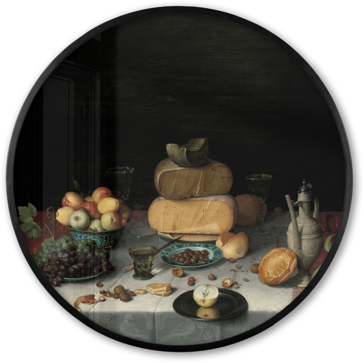 FrameYourWall Poster in lijst Rond - Fotolijst 60x60 cm - Posters - Stilleven met kazen - Kunstwerk - Oude meesters - Ronde posterlijst zwart - Decoratie - Wanddecoratie woonkamer - Muurdecoratie slaapkamer Multicolor