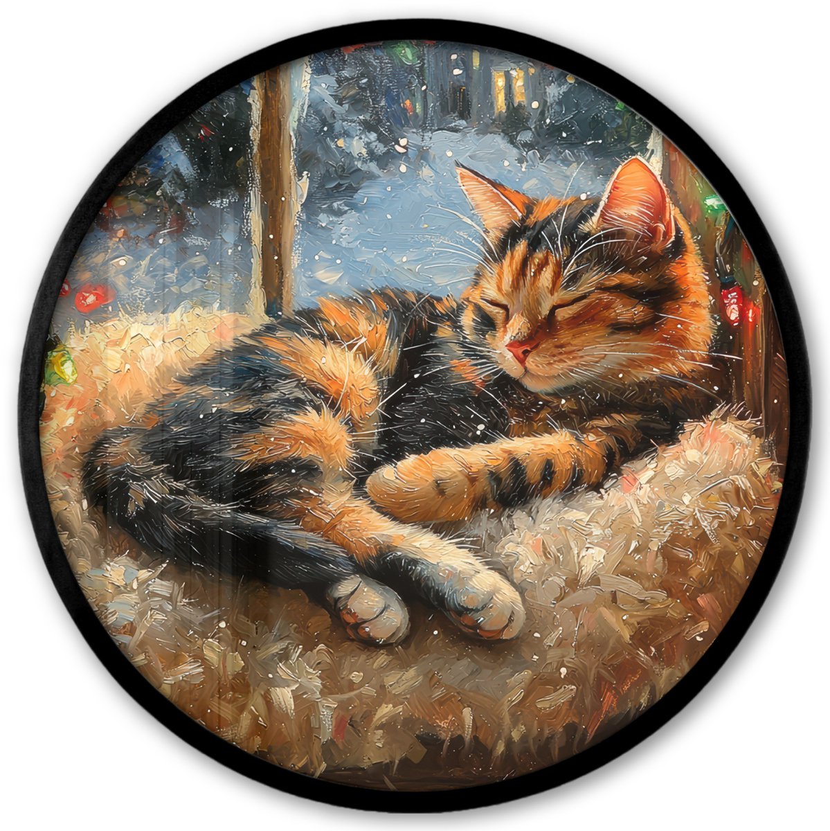 FrameYourWall Poster in lijst Rond - Fotolijst 40x40 cm - Posters - Kat - Kerst - Winter - Dier - Ronde posterlijst zwart - Decoratie - Wanddecoratie woonkamer - Kerstdecoratie voor binnen - Kerstversiering - Kerstmis versiering in huis - Kerstaccessoires Winter - Kat