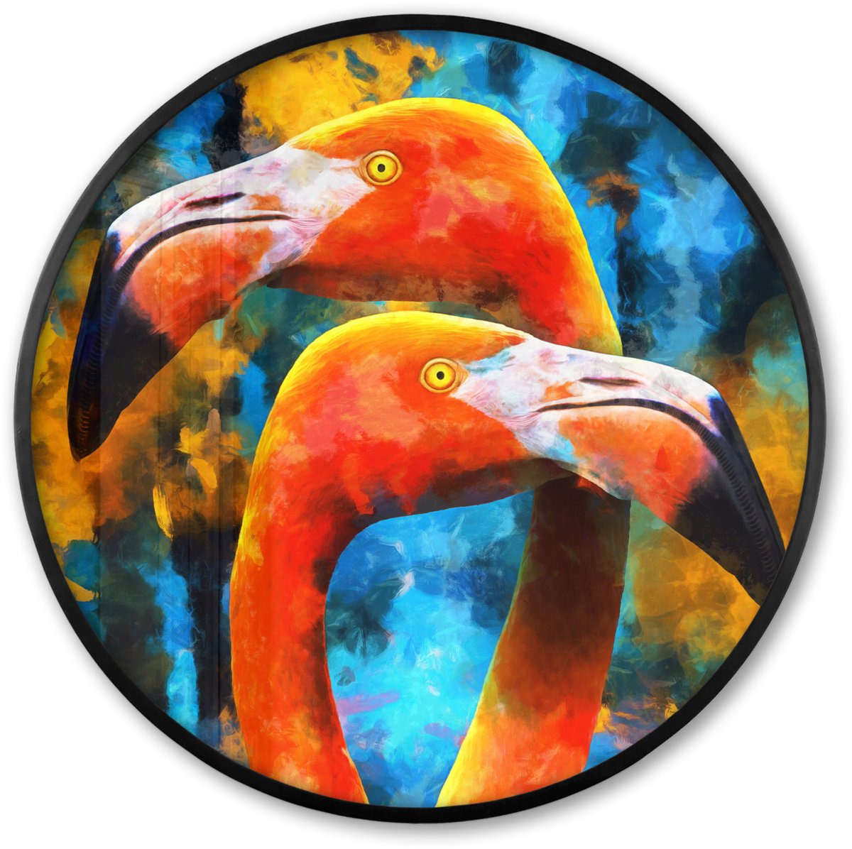 FrameYourWall Poster in lijst Rond - Fotolijst 60x60 cm - Posters - Schilderij - Olieverf - Flamingo - Ronde posterlijst zwart - Decoratie - Wanddecoratie woonkamer - Muurdecoratie slaapkamer Multicolor