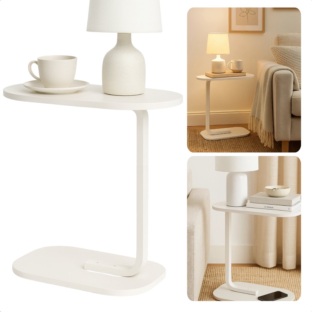Cheqo Bijzettafel Wit - Banktafel Metaal - Bijzet Tafel - Mdf Blad - C-Vormig Ontwerp - Compact Formaat - Wit Onderstel - Metaal Frame - Lichte Bijzettafel - Sidetable - Tafeltje - Bedtafel - Modern Design - Geschikt Voor Woonkamer Overig