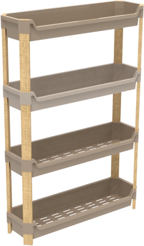 Meuble de rangement modulaire FixWood – Étagère en bois à 4 niveaux avec bacs en plastique – Salle de bain, Cuisine et salon – Design durable et élégant – Hauteur : 68 cm – Beige/Naturel