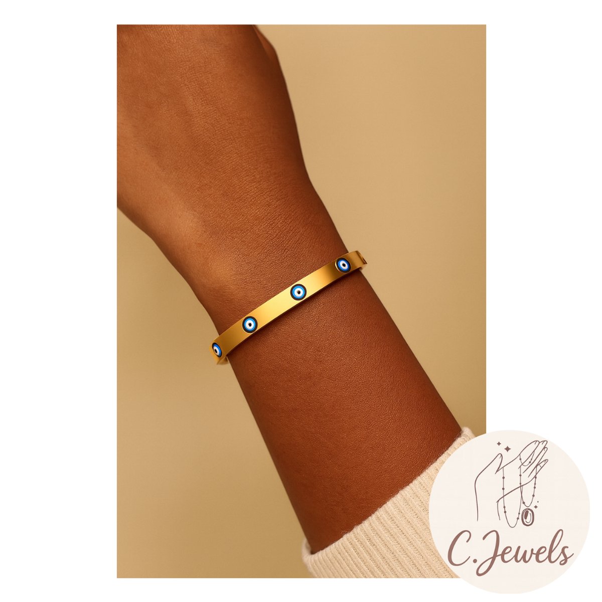 Armband - Roestvrij Staal - Goudkleurig - Blauw - Beschermend Oog - Boho & Trendy - Dames