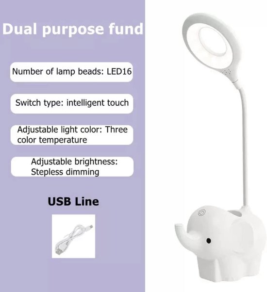LED Touch Bureaulamp met Oplaadbare Batterij en Olifantenmotief voor Kinderen - 3 Lichttemperaturen, Ideaal voor Telewerk en Studie - Wit — afbeelding 3
