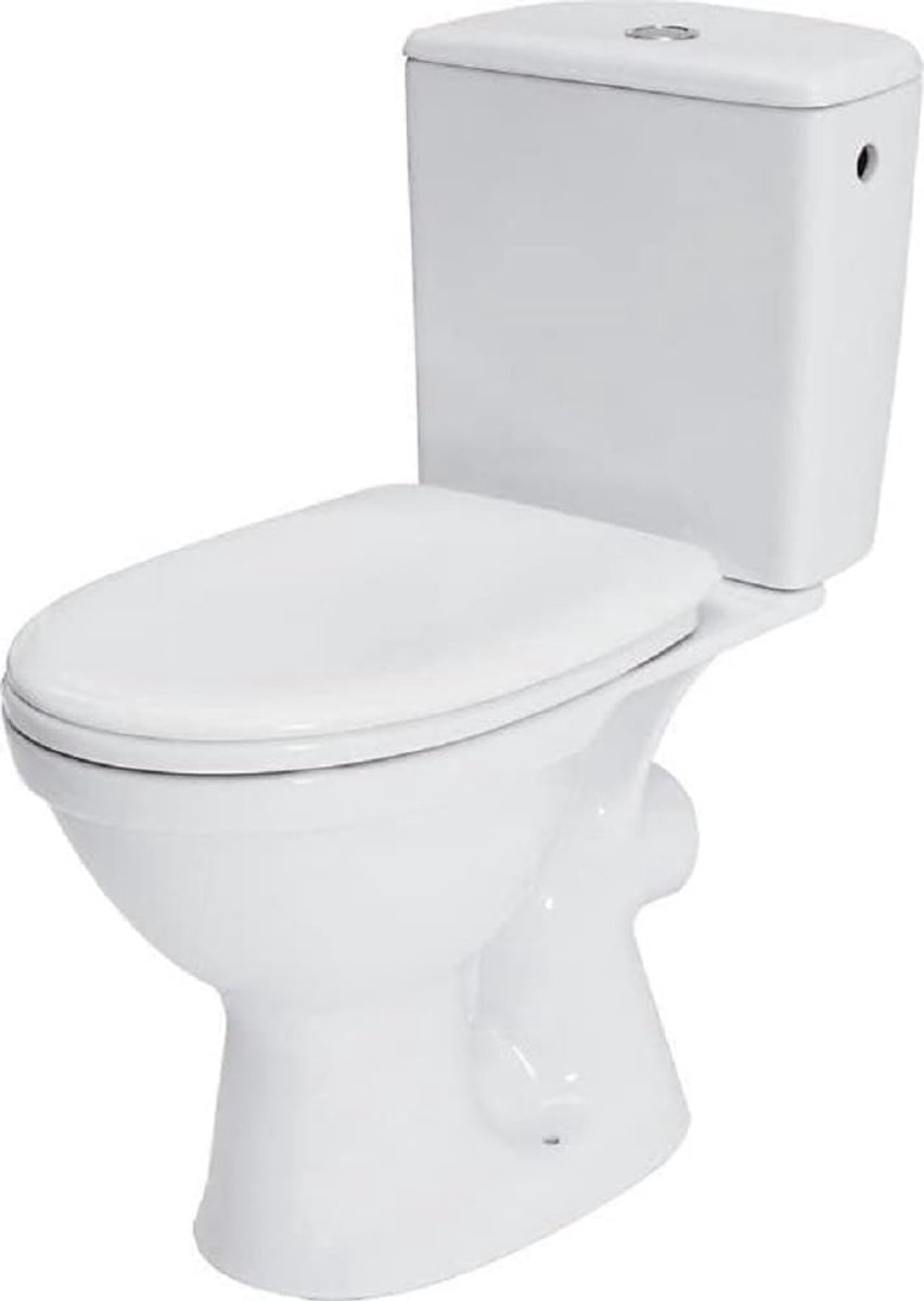 Standaard toilet met keramische spoelbak en wc-bril | Compact staand toilet met 3/6 l spoelsysteem | Witte toiletpot met horizontale afvoer