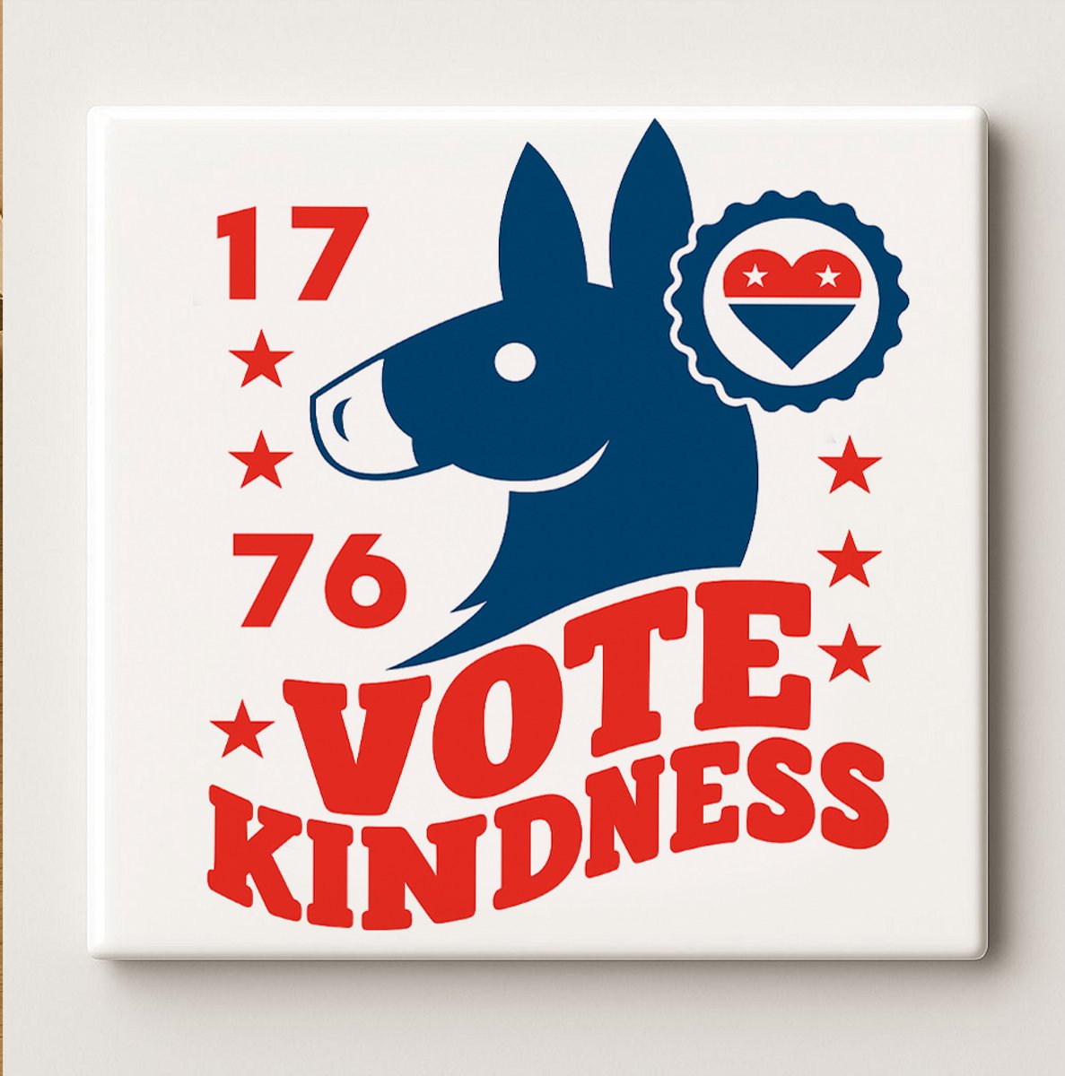 Keramische Kunsttegel 15x15cm – “Vote Kindness” Patriottisch Ezel Ontwerp – Retro Politiek