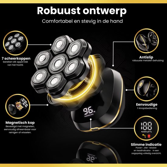 Zwarte elektrische scheerapparaat met 7 ronde scheerkoppen, gouden accenten en digitaal display. Illustraties tonen magnetische kop, antislip behuizing en 1-knopsbediening.