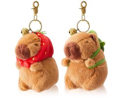 Kraftverdia® - Capybara sleutelhangers - Capybara knuffel - 2 stuks - Schildpad Tas - Aardbeien Capuchon - Pluche Dierenhanger - Cadeau-uitwisseling voor Afstuderen & Verjaardagen