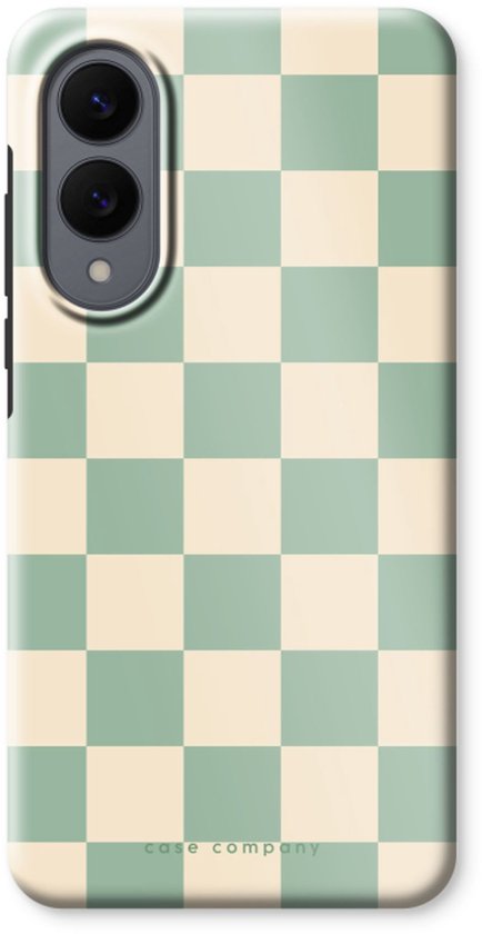 Telefoonhoesje met mintgroene en beige ruitjespatroon.