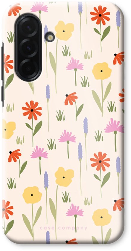 Telefoonhoesje met een crème achtergrond en een vrolijke, kleurrijke bloemenprint in pastelkleuren.