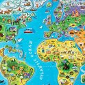 Illustration détaillée de la carte du monde magnétique avec des illustrations joyeuses d'animaux, de bâtiments et de navires en Amérique du Nord et en Afrique.