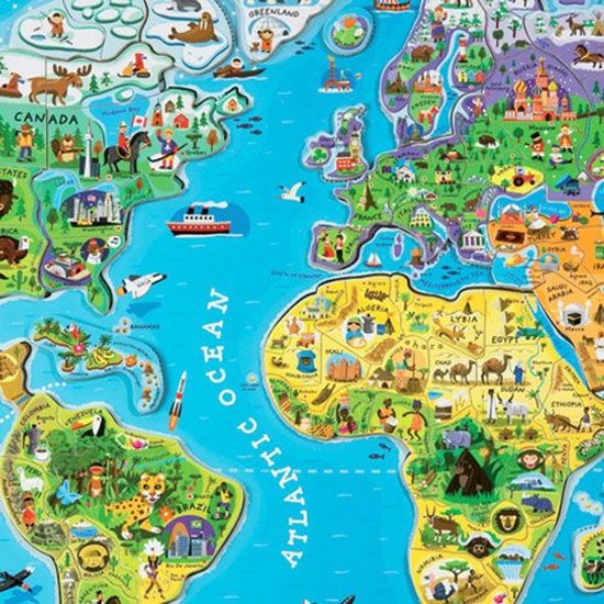 Illustration détaillée de la carte du monde magnétique avec des illustrations joyeuses d'animaux, de bâtiments et de navires en Amérique du Nord et en Afrique.