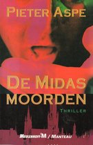 Boekcover van 'De Midasmoorden' door Pieter Aspe, met rode en roze tinten en een silhouet van Brugge.