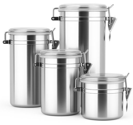 My Green Deal – Set de 4 Bidons alimentaires en acier inoxydable – Bocaux de cuisine hermétiques en acier inoxydable – Bocaux de conservation durables pour Café, Thee et pâtes