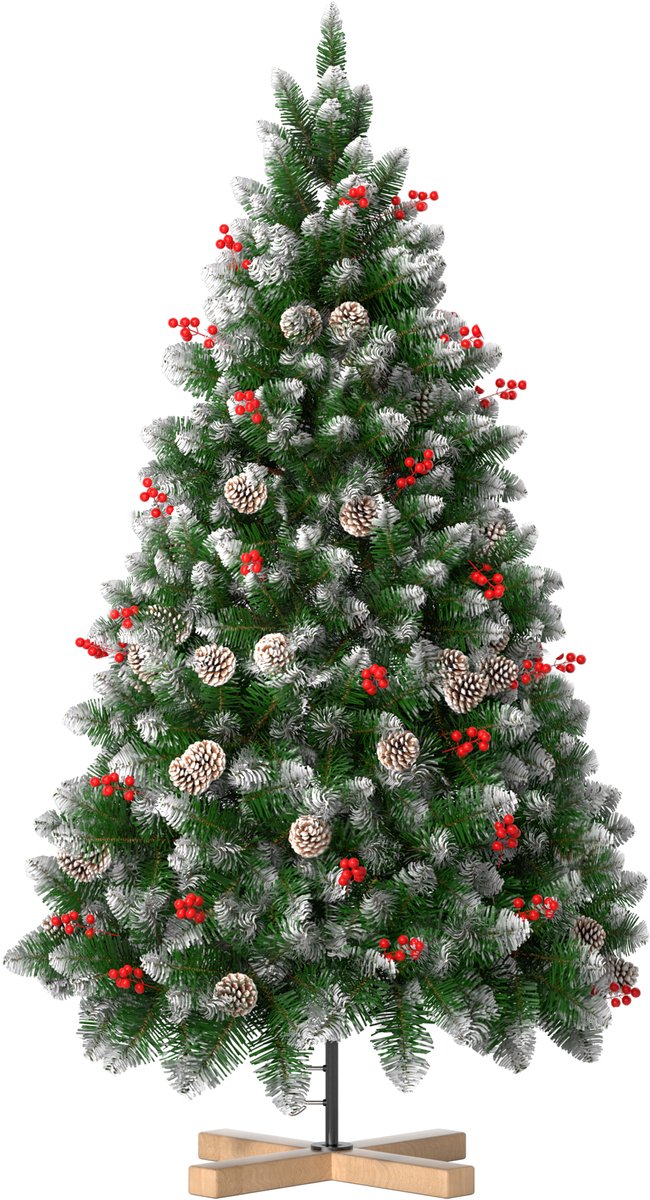 Kunstkerstboom, 2,25M Kunstkerstboom Wit Met Sneeuw En Dennenappels, Grenenhout, Snelle Montage, Brandvertragend, Inclusief Kerstboomstandaard (Grenenhout, Natuurlijk Wit Met Sneeuw)