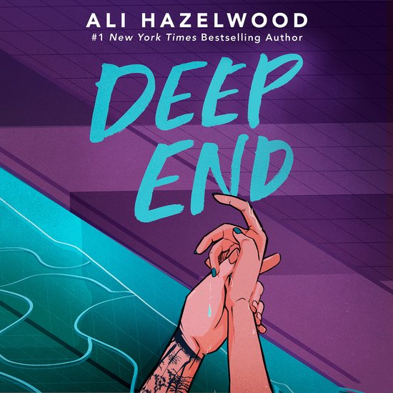 Boekcover van 'Deep End' van Ali Hazelwood. Twee handen met tatoeages grijpen elkaar vast tegen een paarse en groene achtergrond.