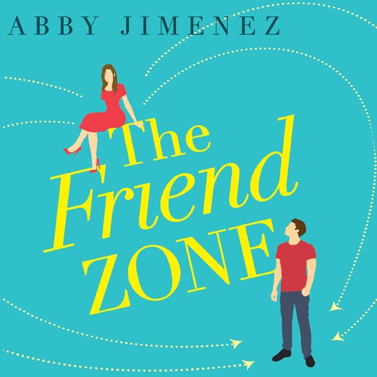 La couverture présente un fond bleu avec le titre "The Friend ZONE" en lettres jaunes. Une femme en robe rouge est assise sur le texte et un homme en chemise rouge se tient en bas. "ABBY JIMENEZ" est écrit en haut en lettres décoratives.