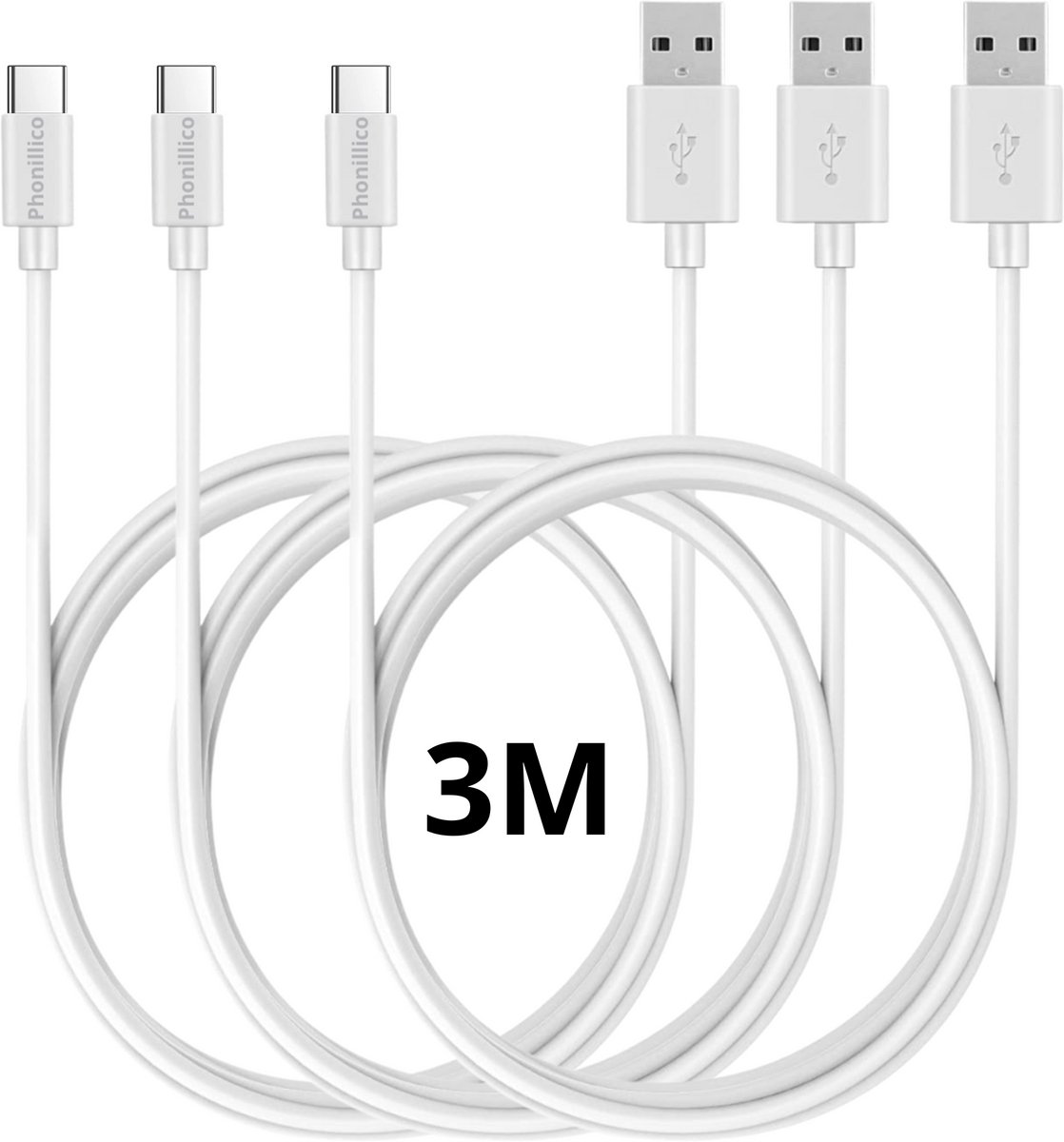 Image of 3x USB C naar USB A Kabel Wit - 3 meter - Oplaadkabel voor Oppo Reno 13 F 5G / Reno 13 5G / Reno 12 FS 5G / Reno 12 F 5G / Reno 8 Lite 5G / Reno 8 5G