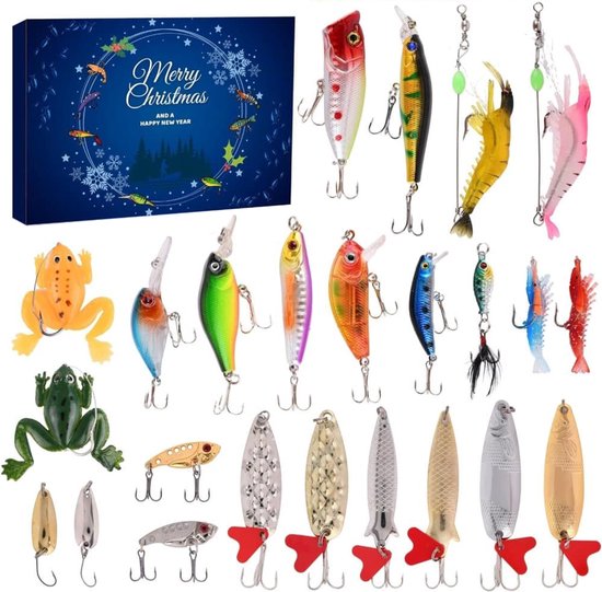 VTYEPOU Adventskalender Voor Vissers – 24 Vakjes Met Kunstaas (surface, Duik, Zacht Aas En Blinkers) – Kerstcadeau Voor Mannen, Jongens En Opa's