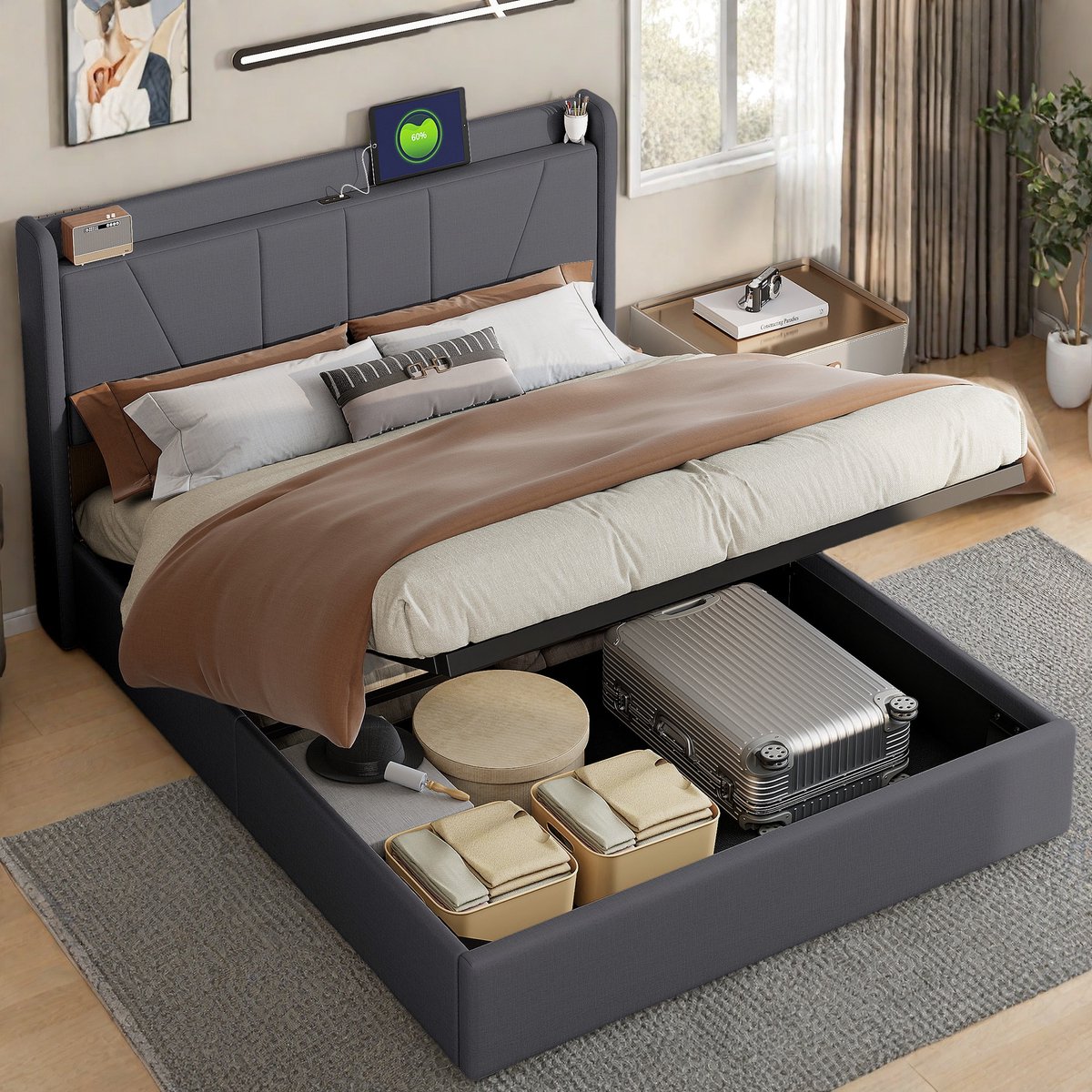 Gestoffeerd bed 140x200cm Modern tweepersoonsbed met 2 USB-oplaadpoorten, 1 Type-C-poort, slaapkamerbed met opbergruimte en lattenbodem 12-delig, jeugdbed, functioneel bed, Grijs, zonder matras - gesplitst voor 2 Pakketten voor verzending