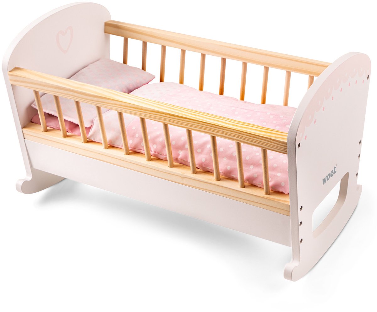 Woet® Houten Poppenbedje - Inclusief Dekbed en Kussen - Roze Wiegje voor Pop - Poppenmeubel Speelgoed - Rollenspel Poppenaccessoire - Vanaf 3 Jaar