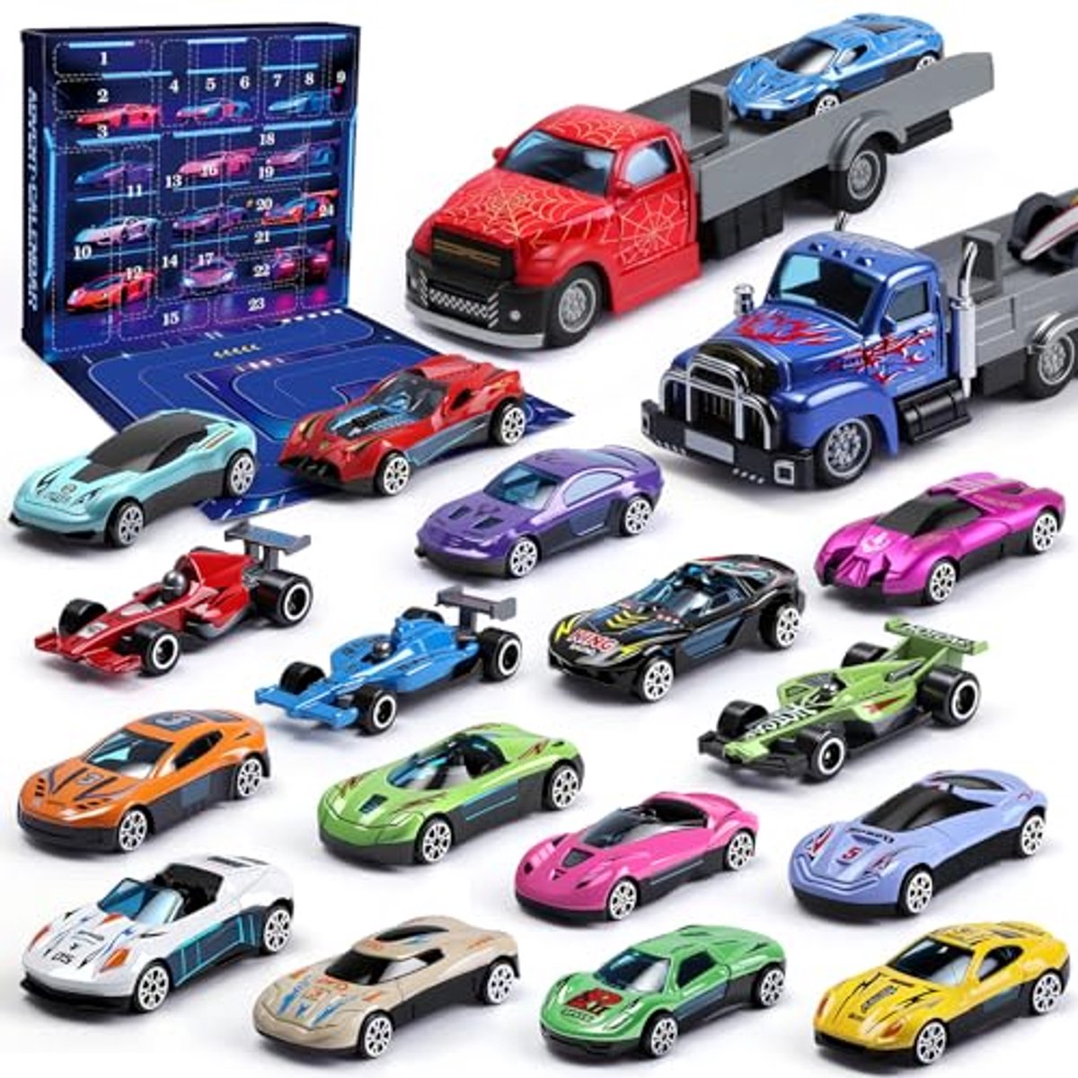 Adventskalender voor Kinderen met 24 Metaal Autos en Lanceer Trailers - Perfect Cadeau voor Jongens en Meisjes van 3-12 Jaar