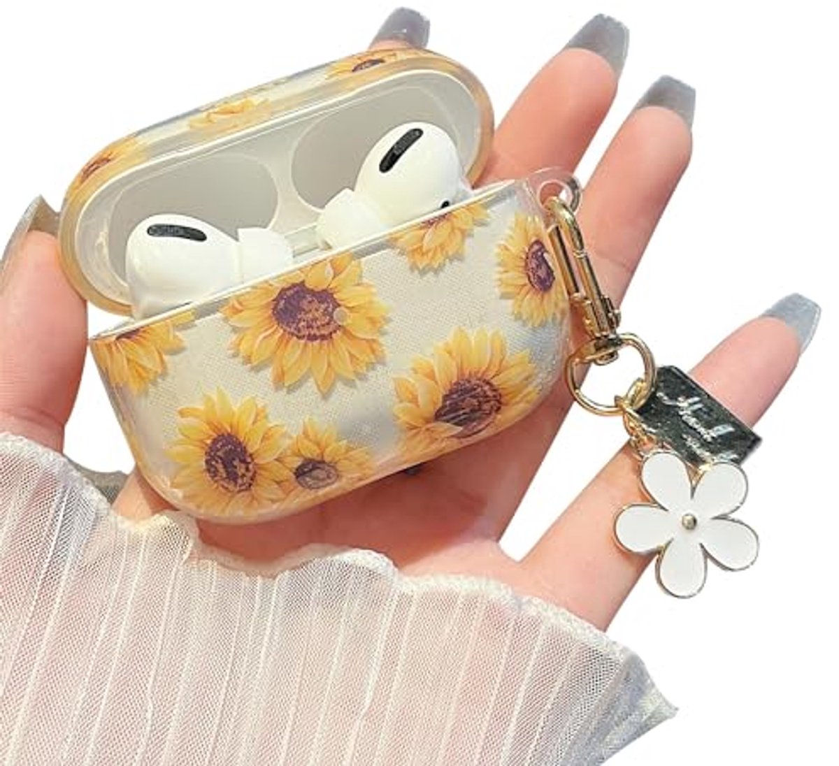 Schattige doorzichtige hoes voor AirPods Pro met bloemenpatroon en sleutelhanger
