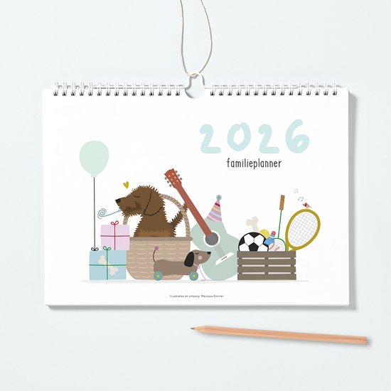 Familieplanner 2026 – A4 planner voor 5 gezinsleden – Met weekindeling, notitieruimte en ophanghaakje – Teckel Frits illustraties
